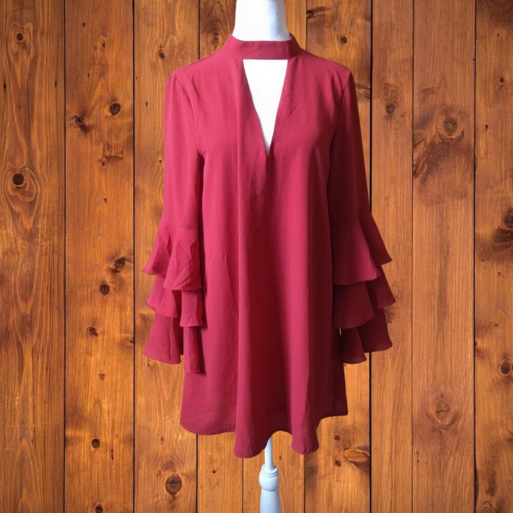 Lulus Women's Small Red Aesthetic Aspirations Flounce Bell Sleeve Mini Dress NEW
